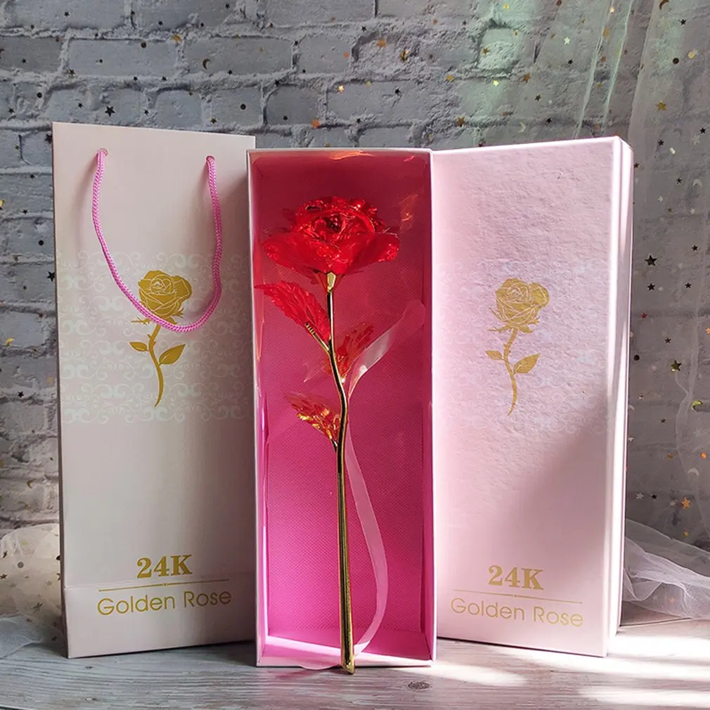 

Luminous Colorful Gold Leaf Rose Gift Box Set Long Handle Simulated Gold Foil Rose Ornaments Fake Flower