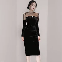 ladies elegant dress autumn winter new style polka dot stitching mesh slim velvet bottoming black womens dress vestido