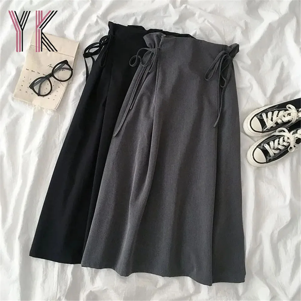 

Side Lace Up Back Elastic Band High Waist A-Line Midi Skirts Solid Color Black Gray Midi Skirts Elegant Korean Fashion Cute Saia