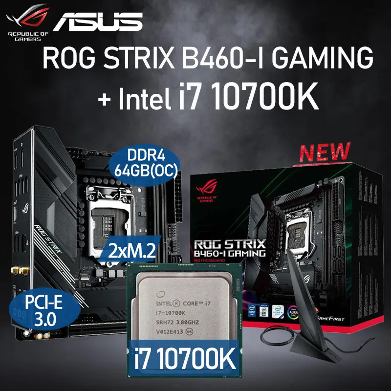 

LGA1200 Asus ROG STRIX B460-I игровая материнская плата + Intel Core i7 10700K Combo DDR4 128 ГБ M.2 PCI-E3.0 Placa-MOM Kit Intel B460