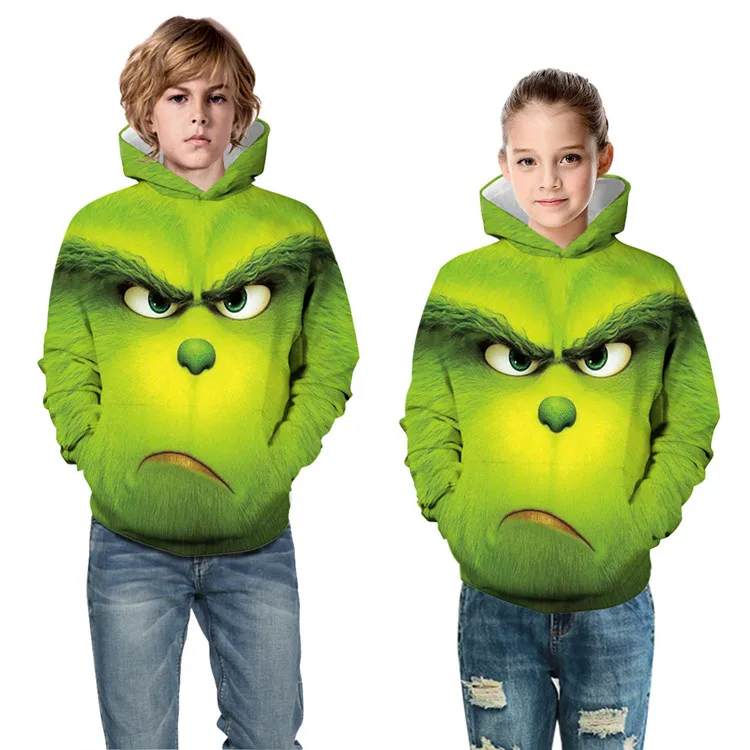 Grinch/Толстовка для детей с 3D принтом Grinch; толстовка с капюшоном для мальчиков и девочек-подростков; детский пуловер; топы; костюм гринча; Рождественская одежда