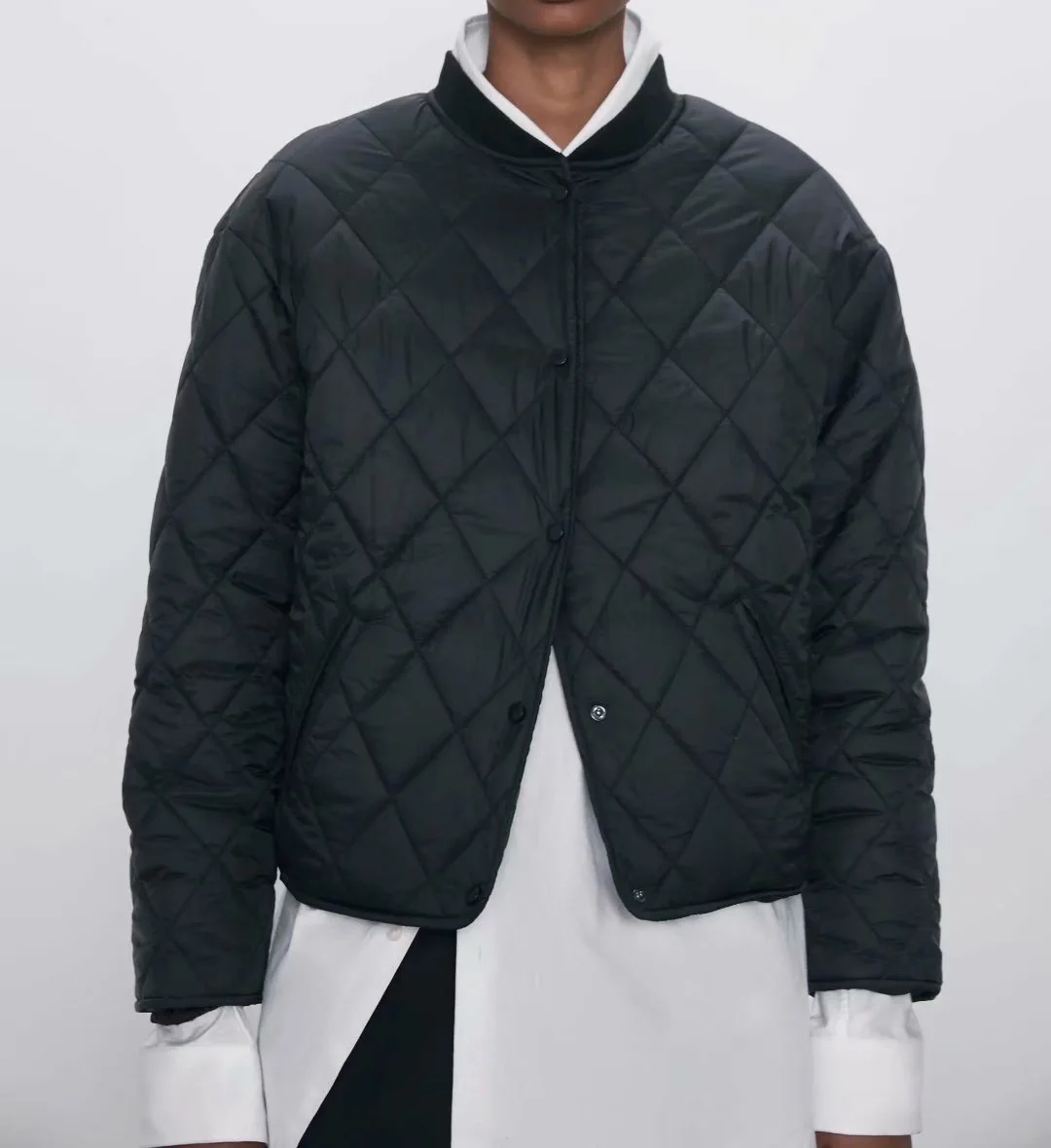 

Autumn Women's Solid Color Thin Parkas Cotton Padded Jacket Black Stand Collar Button Jacket for Female Winter