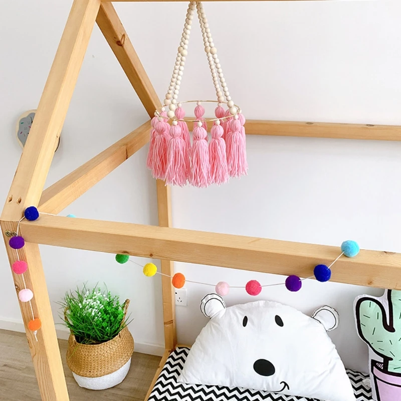 

Детская кроватка с деревянными бусинами и кисточками, реквизит для фотосъемки, подвесные украшения для детской комнаты, мобильные погремуш...
