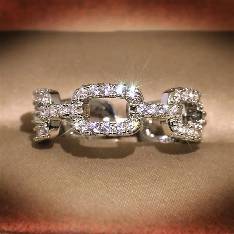 

Unique Classical Fashion Jewelry 925 Sterling Silver Link Chain Ring White 5A Zircon Pave CZ Women Wedding Finger Rings Gift