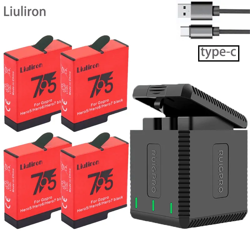 charger and 4battery Высокое качество полностью декодированный аккумулятор Go pro Hero 7+ 3 порта TYPE-C зарядное устройство для GoPro Go pro Hero 5 6 7 8 черный аксессуары для камеры - Цвет: charger and 4battery
