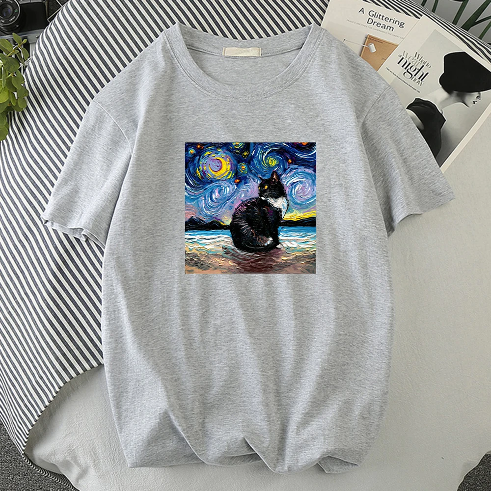 Кот звездное небо Вселенная печать мужская футболка на каждый день в ретро стиле