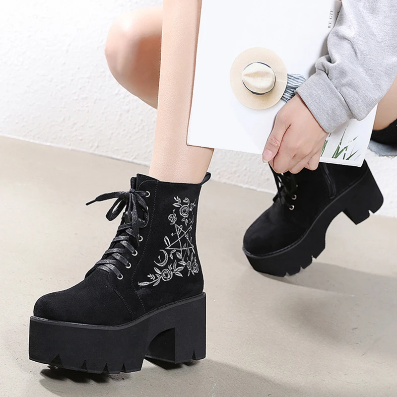 

Shoes On Platform Demonia Boots Chunky Punk Suede Leather Womens Gothic Shoes Lace Up Black Zipper High Quality Fashion Flower