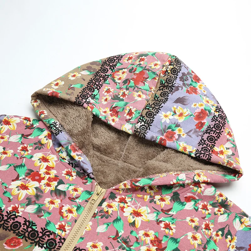 EaseHut Fall Long Hooded Coats Retro Floral Print Long Sleeve Autumn Lady Casual Parkas 5XL Plus Size Winter Women Jackets