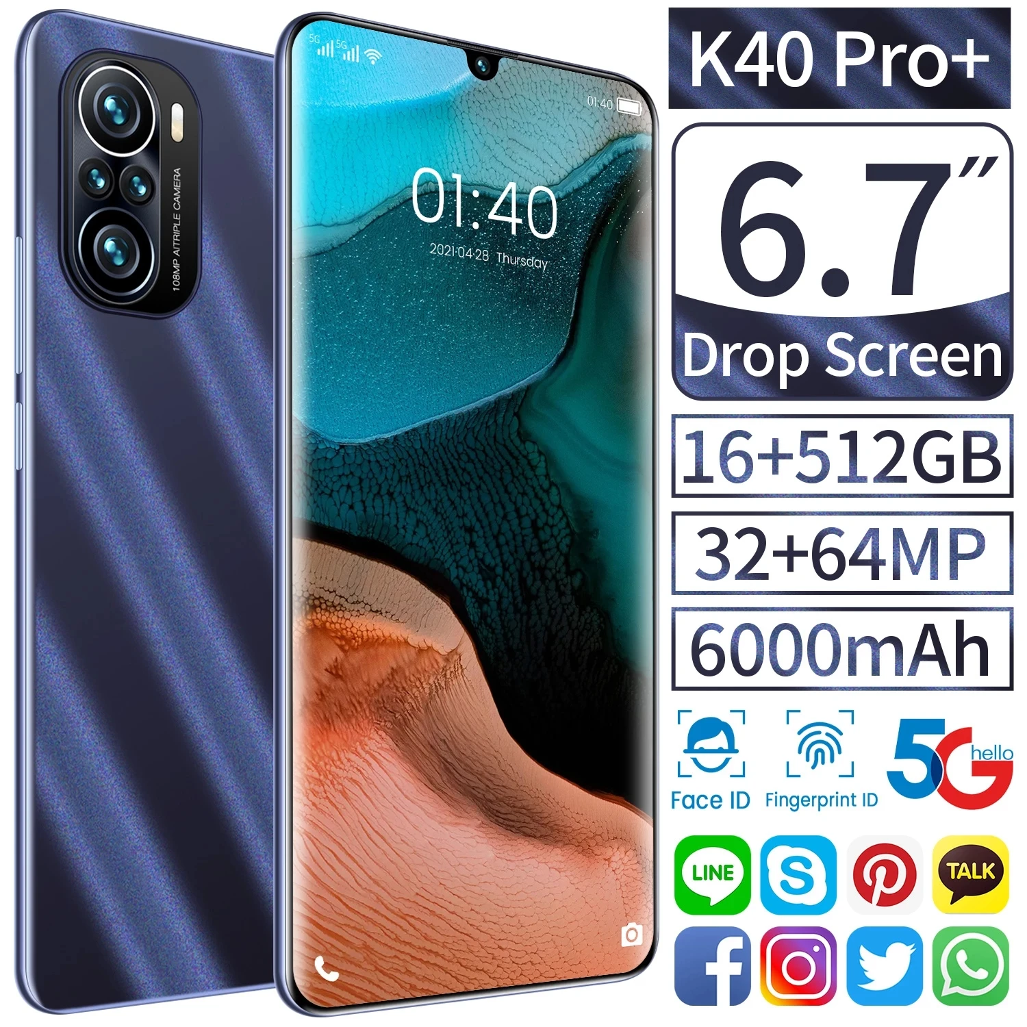 

K40 Pro+ Smartphone Android 11 Global Version MTK6889 Deca Core 5G 6.7 Inch Drop Screen 16+512GB 6000mAh Mobile Phone