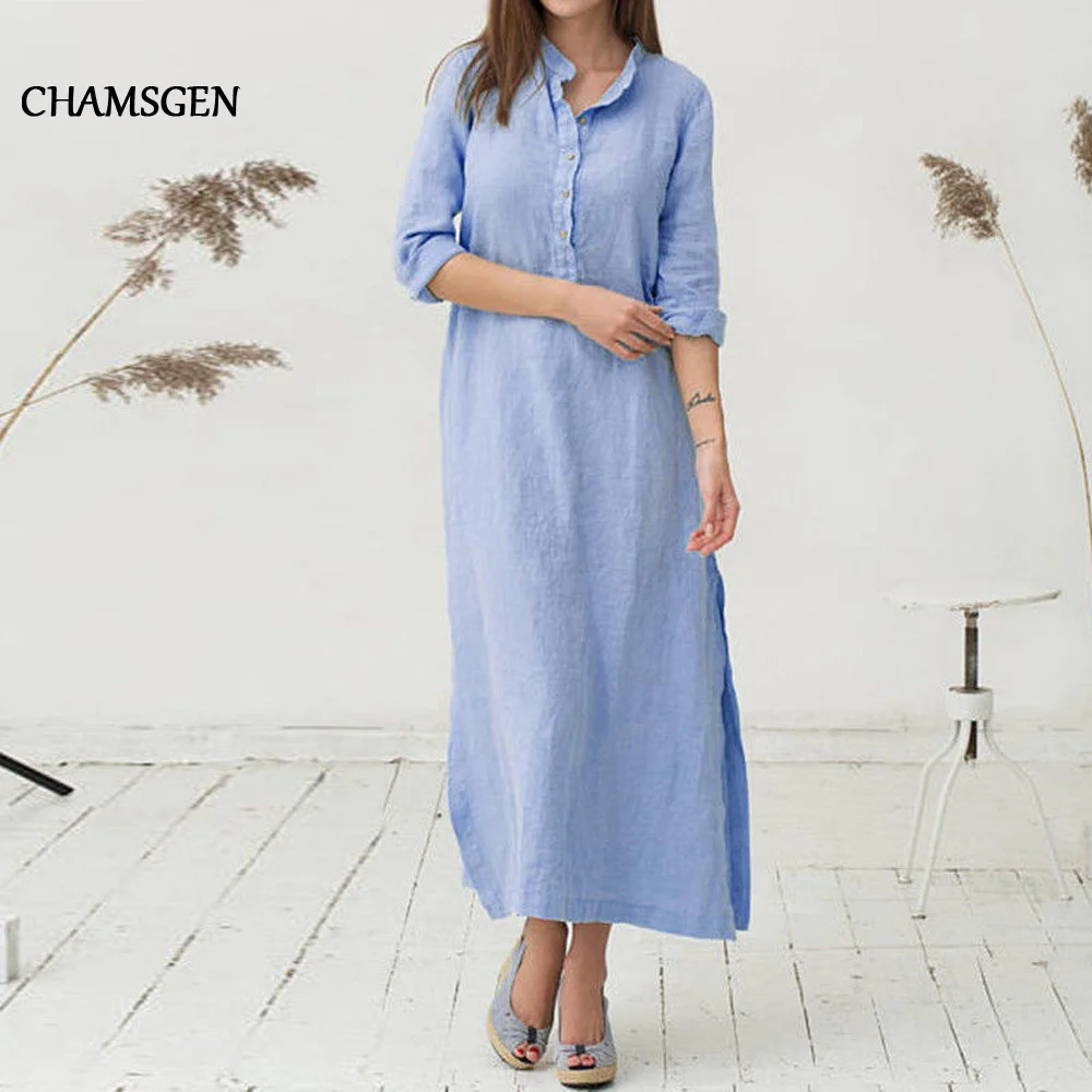 Платье CHAMSGEND женское Хлопковое платье-кафтан с длинным рукавом и О-образным