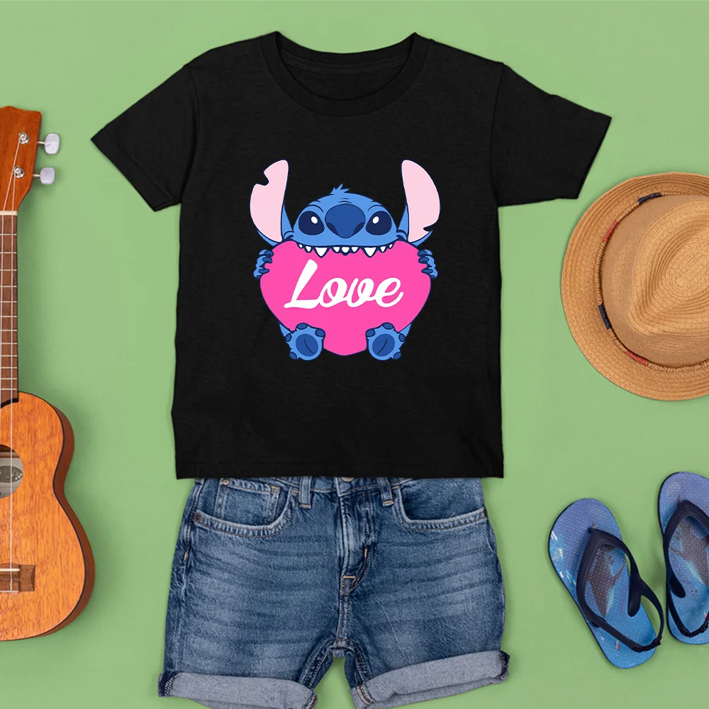 

Korean Style Children Summer T-shirts Disney Printing Lilo & Stitch New Products Tshirts Black White Tees Fashion Casual T Shirt