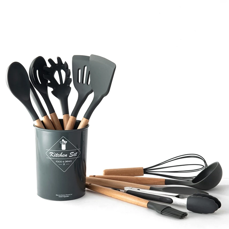 

Silicone Kitchen Utensil Set Cooking Utensils Cooking Spatula Heat Resistant Tools With Wooden Handle For Nonstick