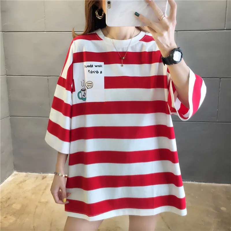 

Lazy Style Striped Short-Sleeved T-Shirt Female Summer Blouse 2021 New Korean Version Loose Girl Student Mid-Length Tops