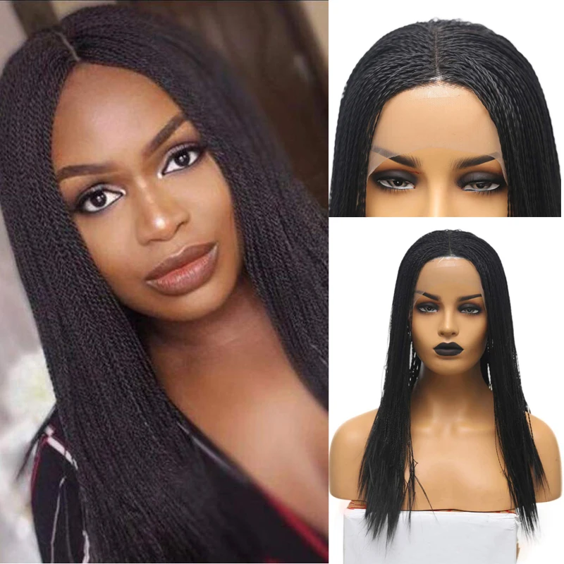

AIMEYA Black Micro Box Braids 2x Twist Synthetic Lace Front Wigs for Black Women Long Braided High Temperature Hair Lace Wig