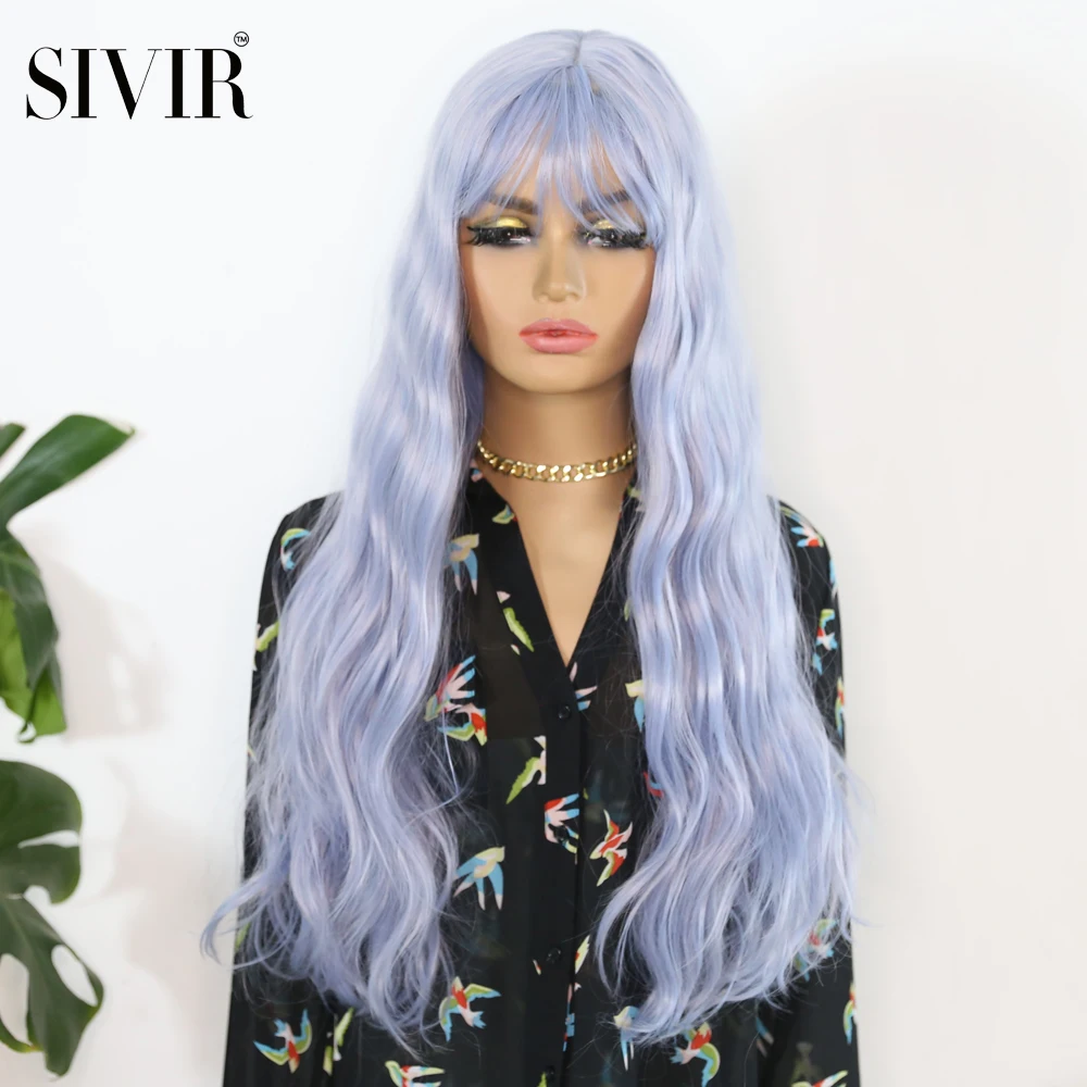 

Sivir 26inch Long Wavy Synthetic Wig purple For Women With Bangs Natural Wave For Party Cosplay daily Machine Made Wigs