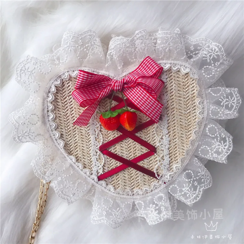 

Kawaii Наплечная Сумка JK в форме сердца в японском стиле Лолита Милая принцесса клубника кружевная отделка бант сумки-мессенджеры Косплей