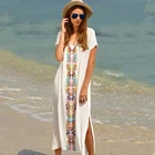 Летние пляжные длинные платья, женская блузка бикини в стиле бохо, Белые пляжные платья с вышивкой и V-образным вырезом, Пляжная накидка с коротким рукавом