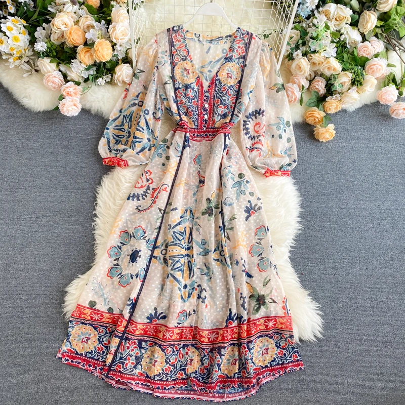 

New Arrivals Women Dress Chiffon Indie Folk Printed V-Neck Long Sleeves Swing A-line Long Dress Ladies Casual Trend Floral Dress