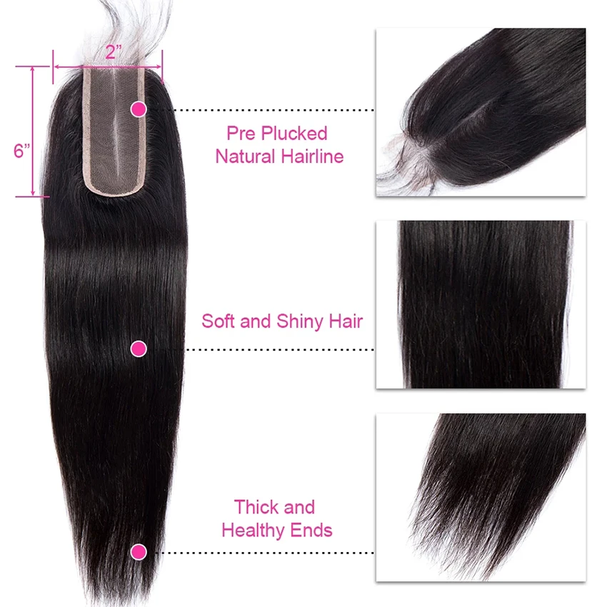 VIP beauty, перуанские прямые волосы remy, пряди с закрытием, натуральные черные волосы с 2x6, на шнуровке, средняя часть