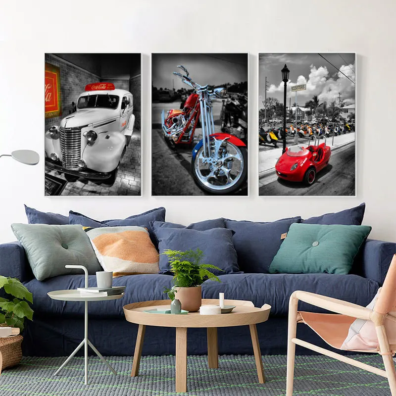 

American Style Retro Car Living Room Canvas Decorative Painting Motorcycle Poster Sofa Background Wall Art Decoration Accessory
