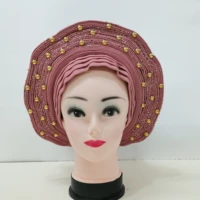 nigerian gele headwear with stone beads already made auto turban wide brim headwear high quality sego gele headtie for women