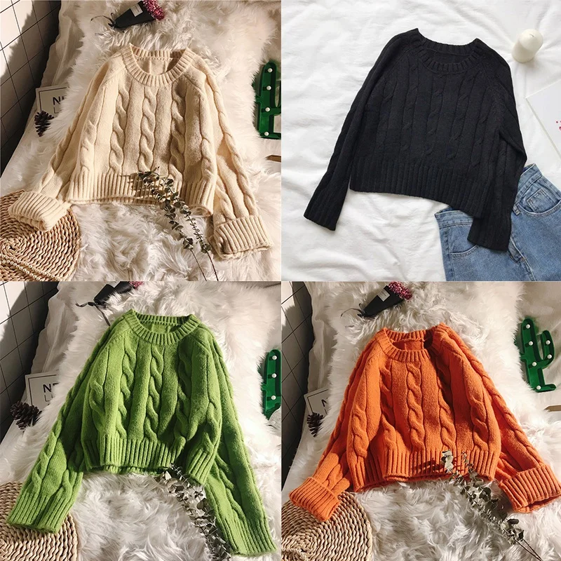 Wholesale Women Short Loose Lazy Casual Sweaters Solid Color Fashion Twist Sweater Orange Long Sleeve Pull Femme New | Женская одежда