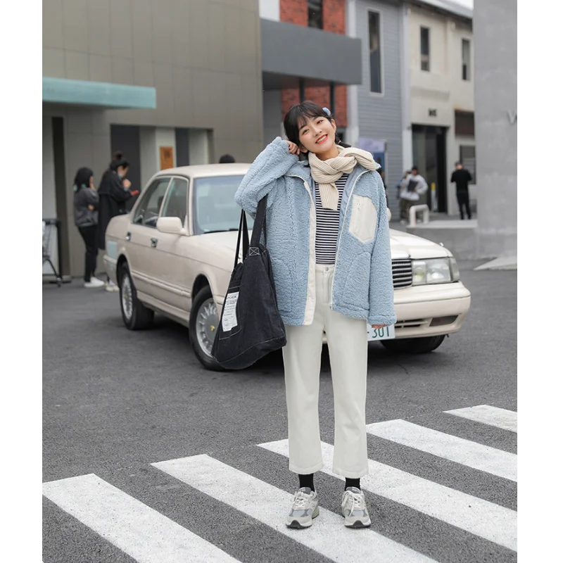 

2020 Winter Autumn Women New Korean Version Loose Fashion Contrast Color Stitching Lamb Wool Warm Casual Female Zipper Coat Tops