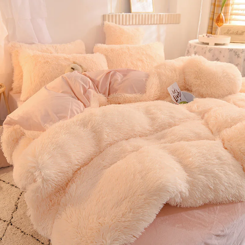 Solid Faux Fur Queen King Bedding Set Long Fluffy Plush Soft Kids Duvet Cover Quilt Cover Bed Sheet Home Textile 220x240cm 4Pcs