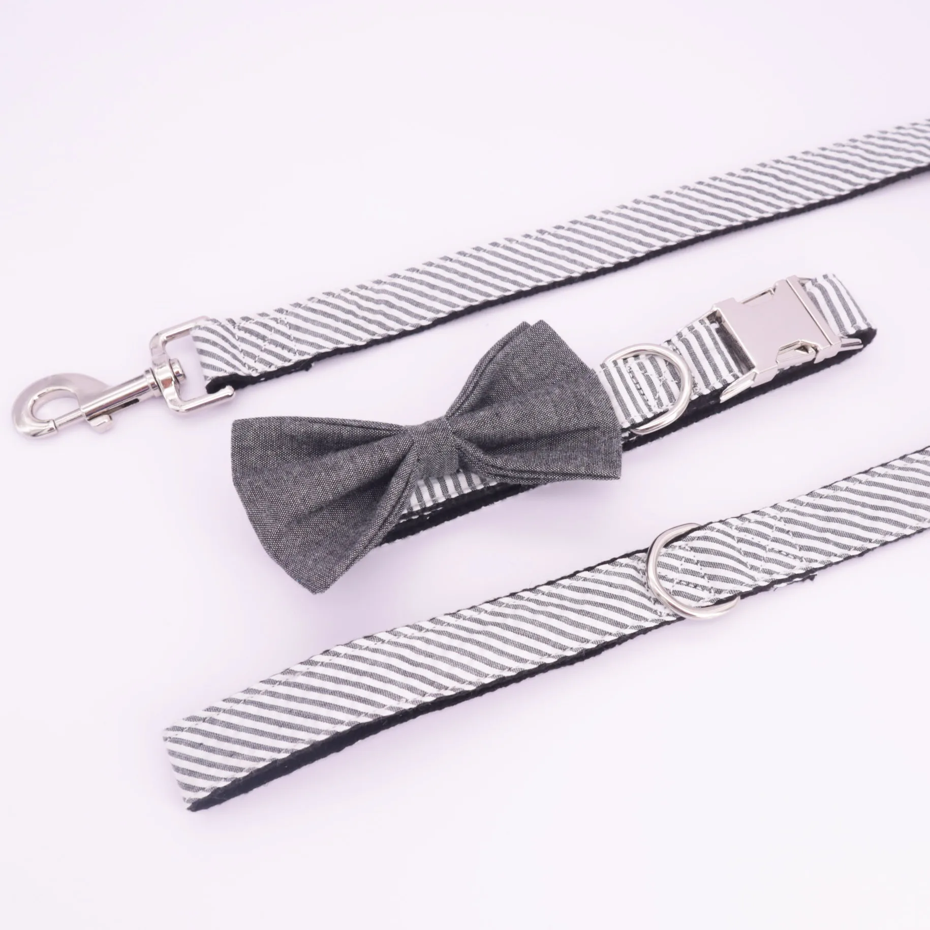 Серый клетчатый ошейник и поводок в комплекте с галстуком бабочкой из