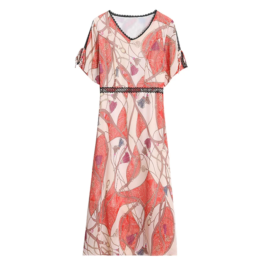 

2021 Vintage Red Print Chiffon Sweet Midi Dresses Spring Summer 4XL Plus Size Runway Dresses Women Bodycon Party Classy Vestidos