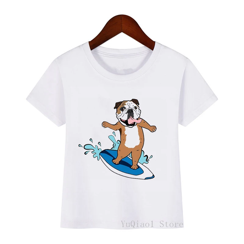 

kawaii pug Bulldog surfing animal print t shirt girls boys kids clothes watercolor chihuahua/Teddy/Labrador dog lover tshirt