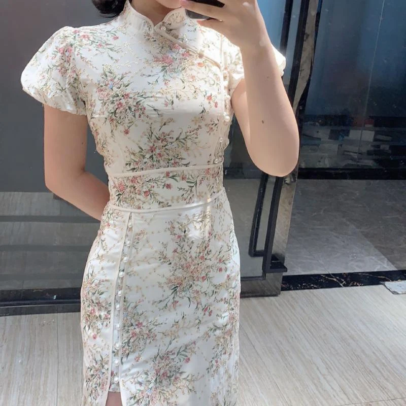 

2020 Summer Women Luxury High Waist Floral Vintage Gold Thread Embroidery Printed Cheongsam Split Sexy Puff Sleeve Maxi Dress