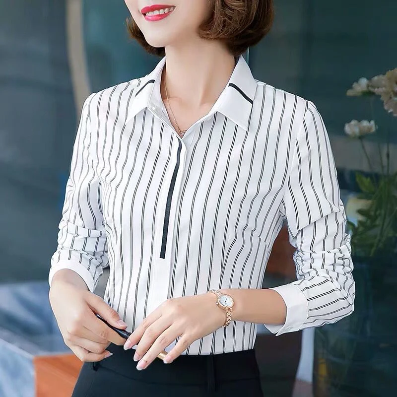 

Office Work Wear Women Spring Summer Style Blouses Shirts Lady OL Long Sleeve Striped Print Turn-down Collar Blusas Tops DF3165