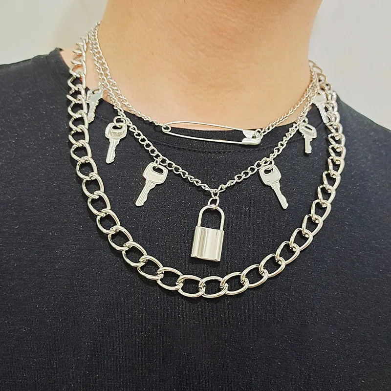 

Fashion Key Lock Gothic Pendant Necklace for Women Punk Hip Hop Multi-Layer Chains Necklace Female Alloy Pin Jewelry Gifts