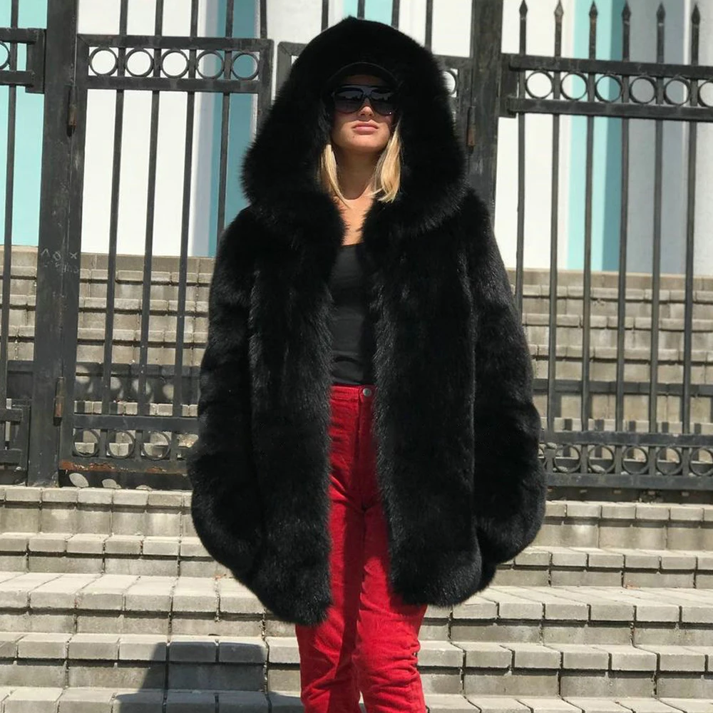 Black Genuine Fox Fur Coat with Hood Thick Warm Fur Overcoat Luxury Women Full Pelt Real Fox Fur Jacket Medium Length Outwear
