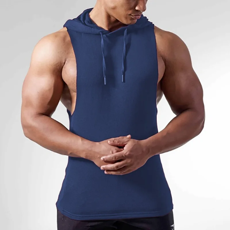 

ZB1 Men's fitness hooded sleeveless sweater all cotton European solid color sleeveless hooded with hat rope deep cut vest