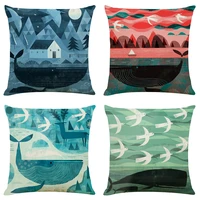 whale print cushion cover decorative pillows 45x45cm ocean themed seat cushions home decor flax throw pillow sofa pillowcase