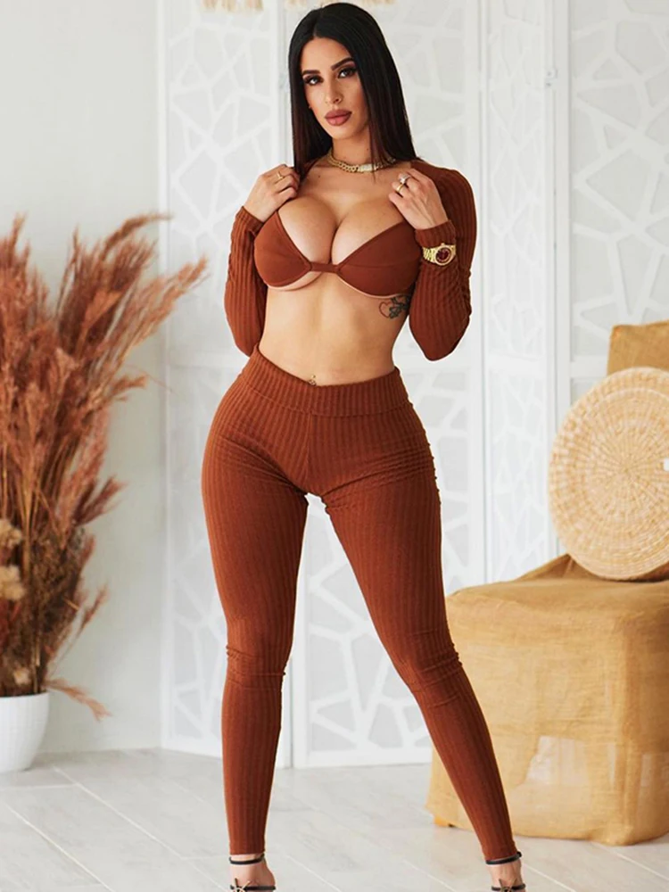 

Женский трикотажный костюм Sisterlinda, комплект из двух предметов, Топ с длинным рукавом и облегающие леггинсы, спортивный костюм