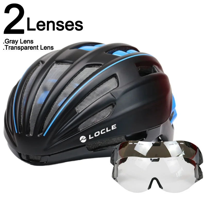 LOCLE Goggles велосипедный шлем двухслойный дорожный горный велосипедный шлем с линзой ультралегкий Casco Ciclismo велосипедный шлем 55-61 см - Цвет: Black Blue 2 Lenses