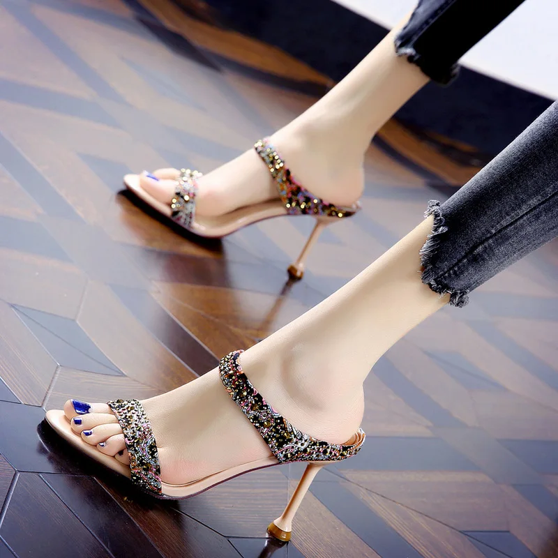

High-Heeled Shoes Lady Woman's Slippers Glitter Slides Multicolored Sandals Thin 2021 Jelly Fabric Crystal Scandals PU Pumps Rub