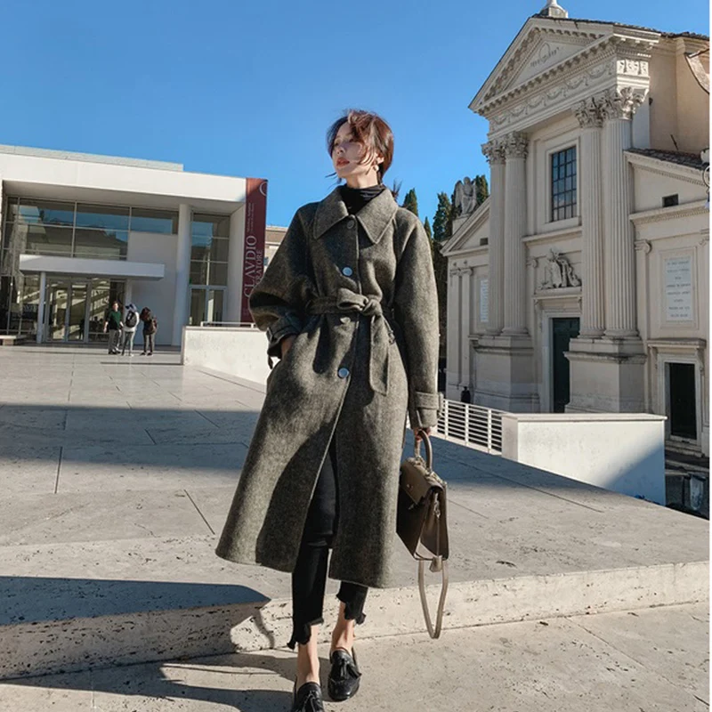 

2021 New Solid Color Lapel Single Breasted Mid-Length Trench Coat Women Plus Size Loose Casual Thicken Warm Female Overcoat B080