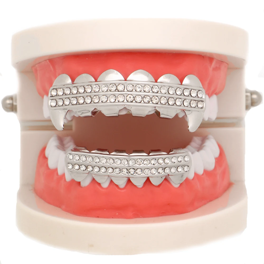 

Men Punk Gold Teeth Grillz 2 Row Iced Out Grills Dental Hip Hop Vampire Fangs Teeth Caps Halloween Party Fashion Body Jewelry