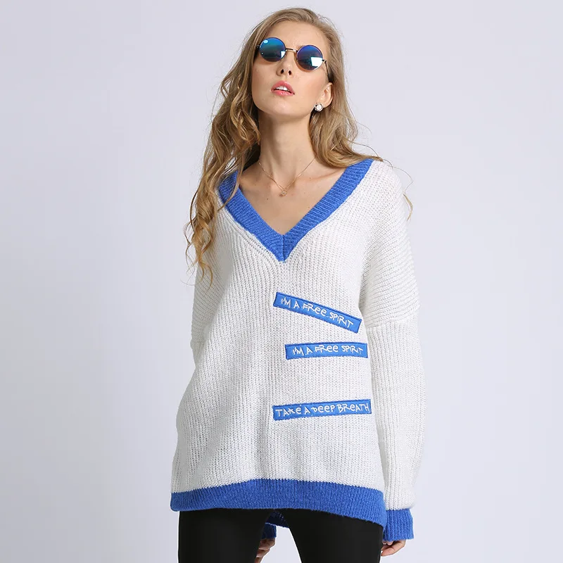 

Loose V-neck Large Size 2019 Women's Pullover Top Long Sleeve Sweater Fashion Casual Oversize Yarn