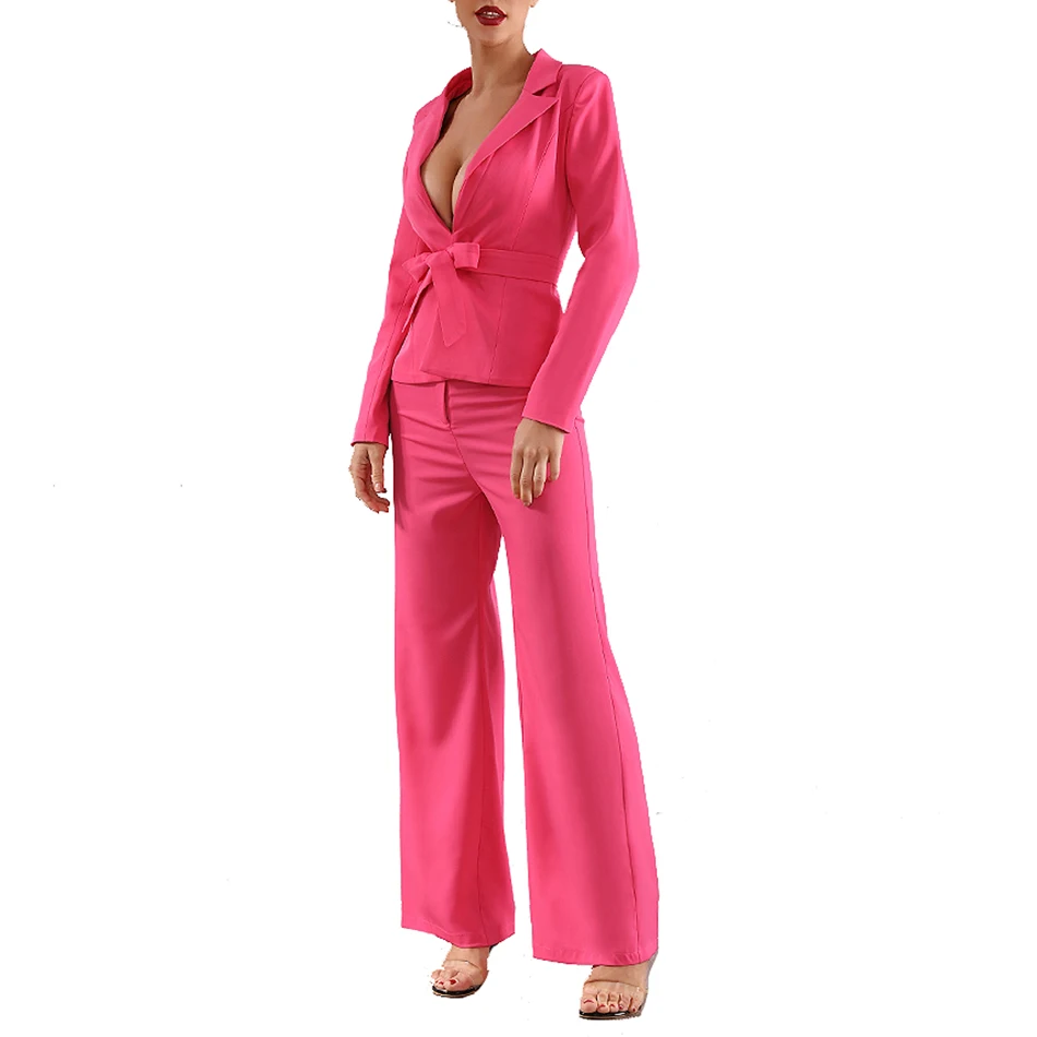 High quality 2019 autumn new women's set sexy rose red long-sleeved jacket &amp pants 2 two-piece office celebrity Evening party se |