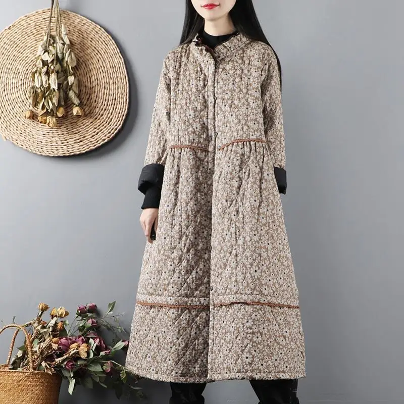 

2021 Women Winter Thicked Floral Hooded Outerwear Lady Vintage Oversized Cotton Padded Coat Female Casual Loose Warm Parkas B115