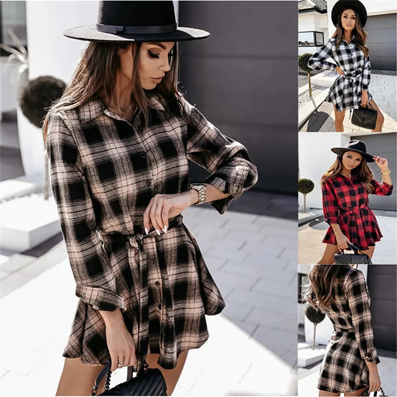 

Women's Plaid Blouse Dress Long Sleeve Casual Tops Mini Shirt Dress