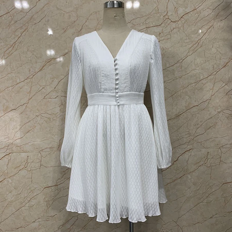 white TWOTWINSTYLE, платье в белый горошек для женщин, v-образный вырез, пышные рукава, высокая талия, корейские платья для женщин, летние, большие размеры, мода OL, новинка - Цвет: white