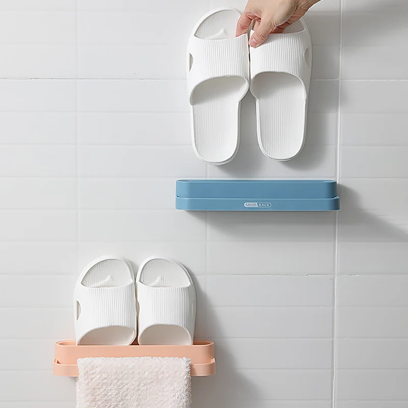 

Simple Double-layer Slippers Rack Plastic Self-adhesive Towel Holder Multifunctional Wall-mounted Household Storage Rack