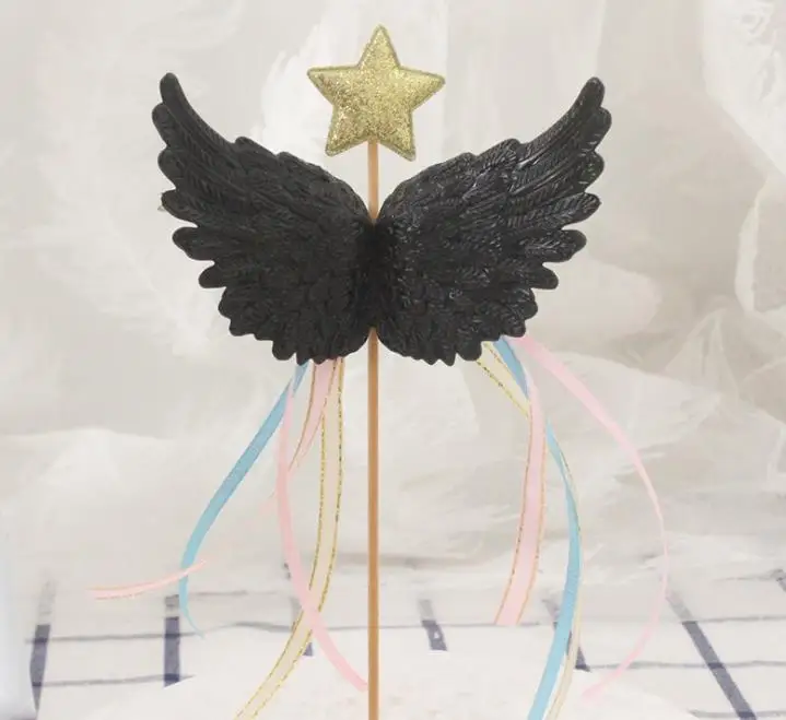 

Angel Wing cake Decor Topper Star Satin Tassel Cupcake Picks for Baby Shower Birthday Wedding Party White Pink Blue