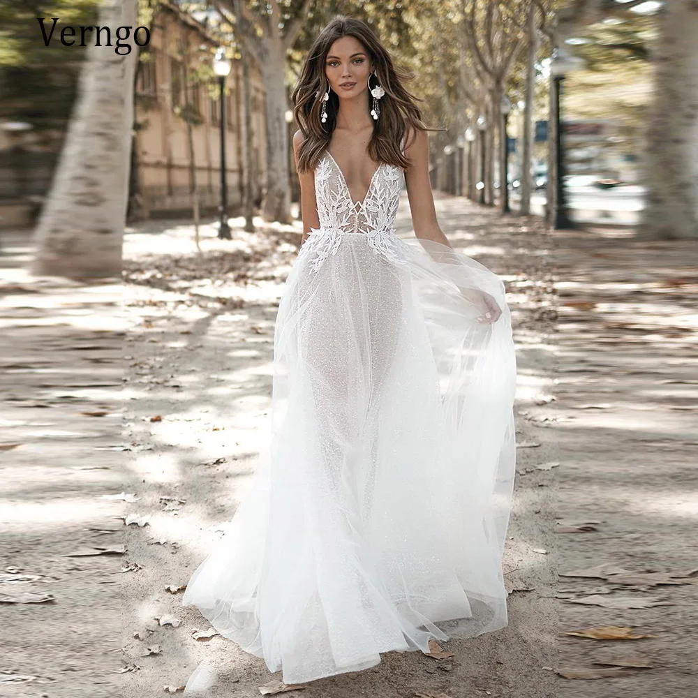 

Свадебное платье Verngo с кружевной аппликацией, 2020 Vestido de novia, глубокий v-образный вырез, длина до пола, пляжные свадебные платья на заказ